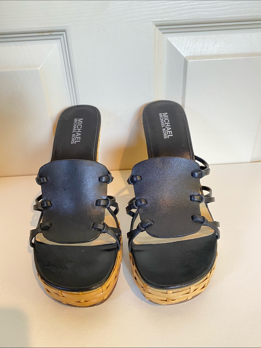Michael Kors Black Leather Strappy Wedge Sandals with Tan Woven Platform